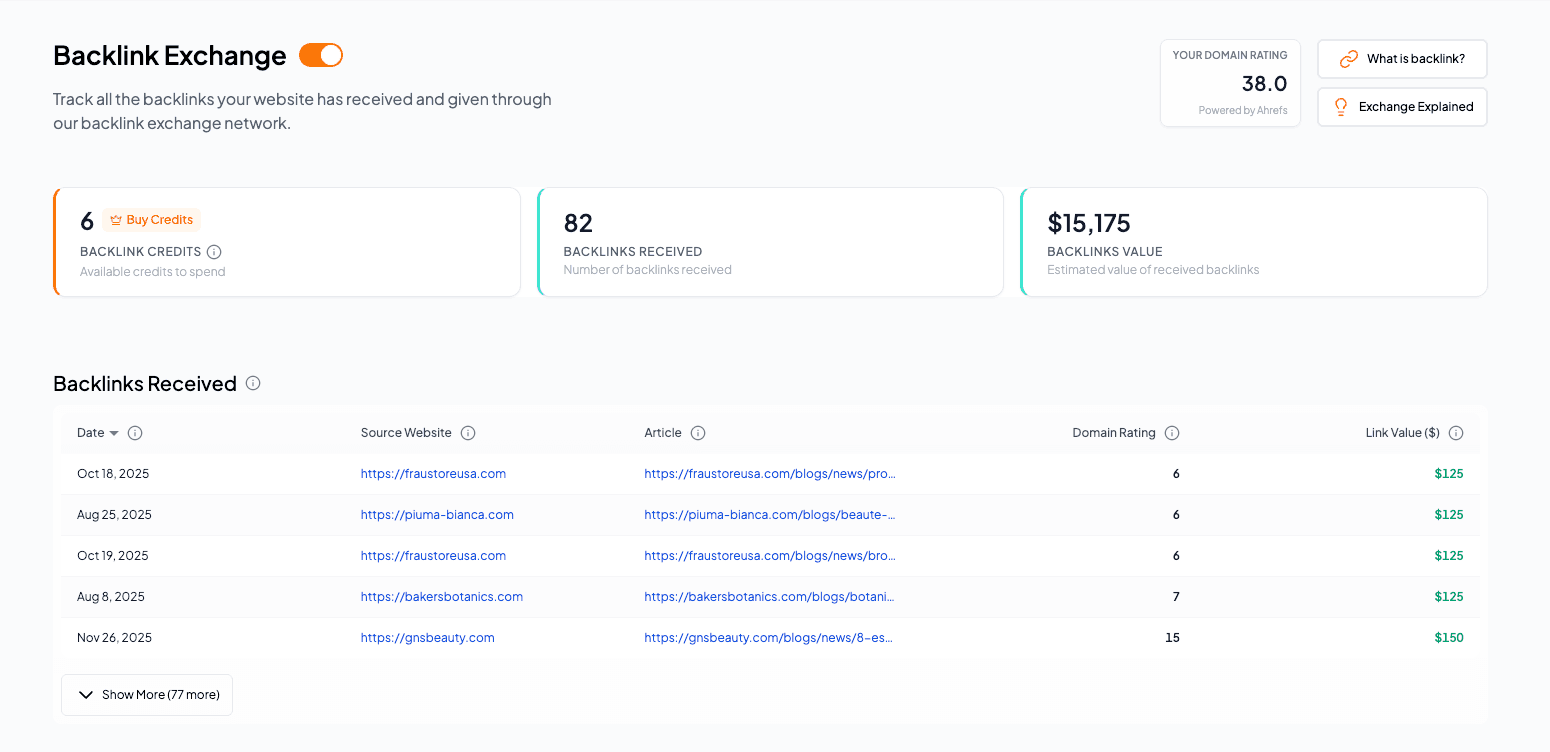 Backlink Exchange Dashboard