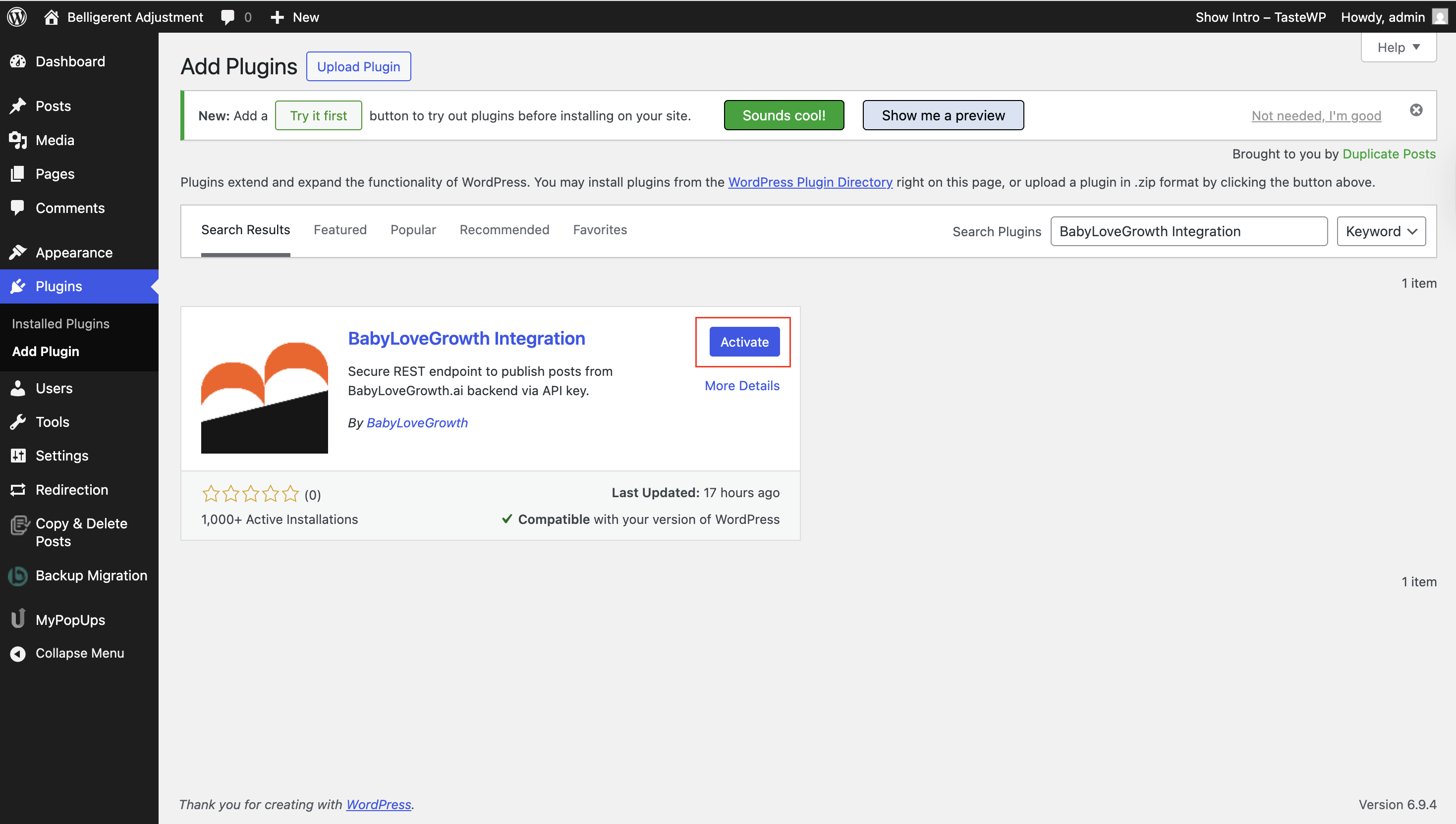 WordPress plugin activation confirmation page