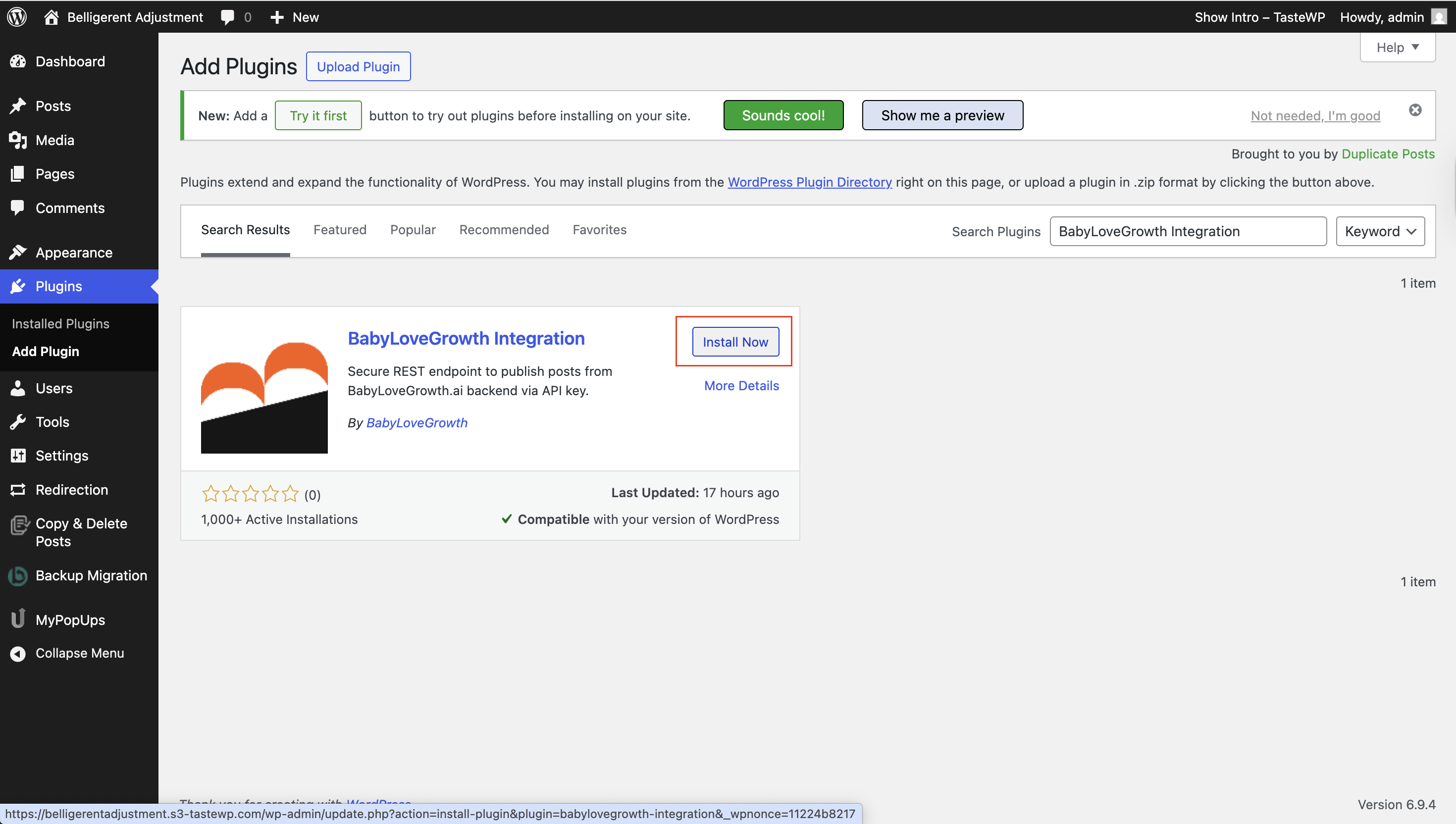 WordPress plugin search page showing BabyLoveGrowth Integration with Install Now button