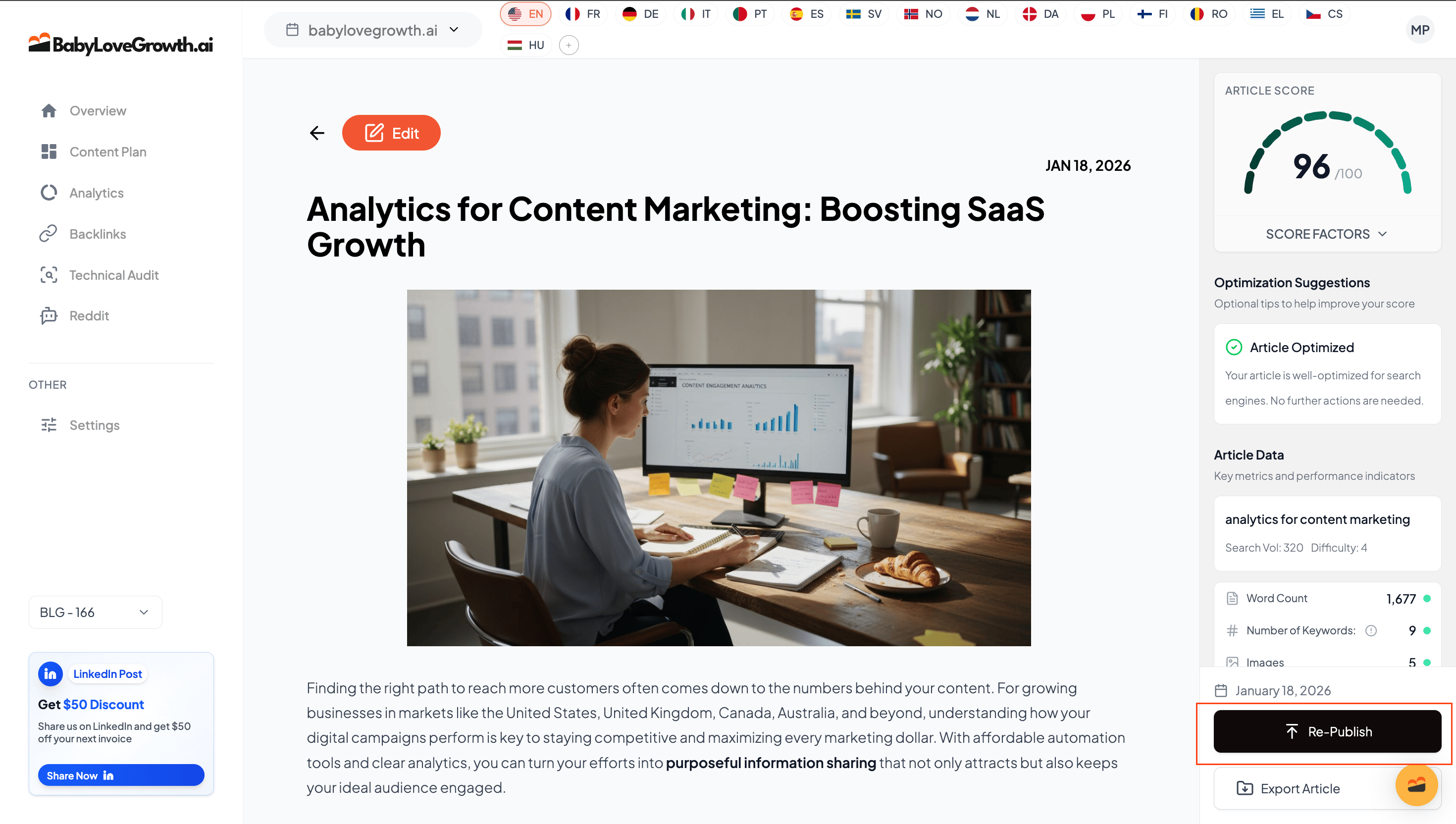 Content Plan with the Publish action on an article