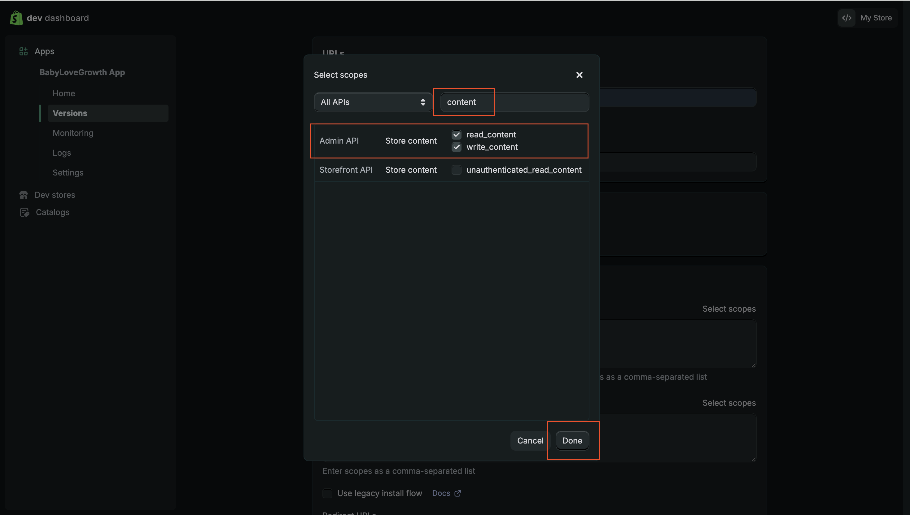 Shopify app content permissions