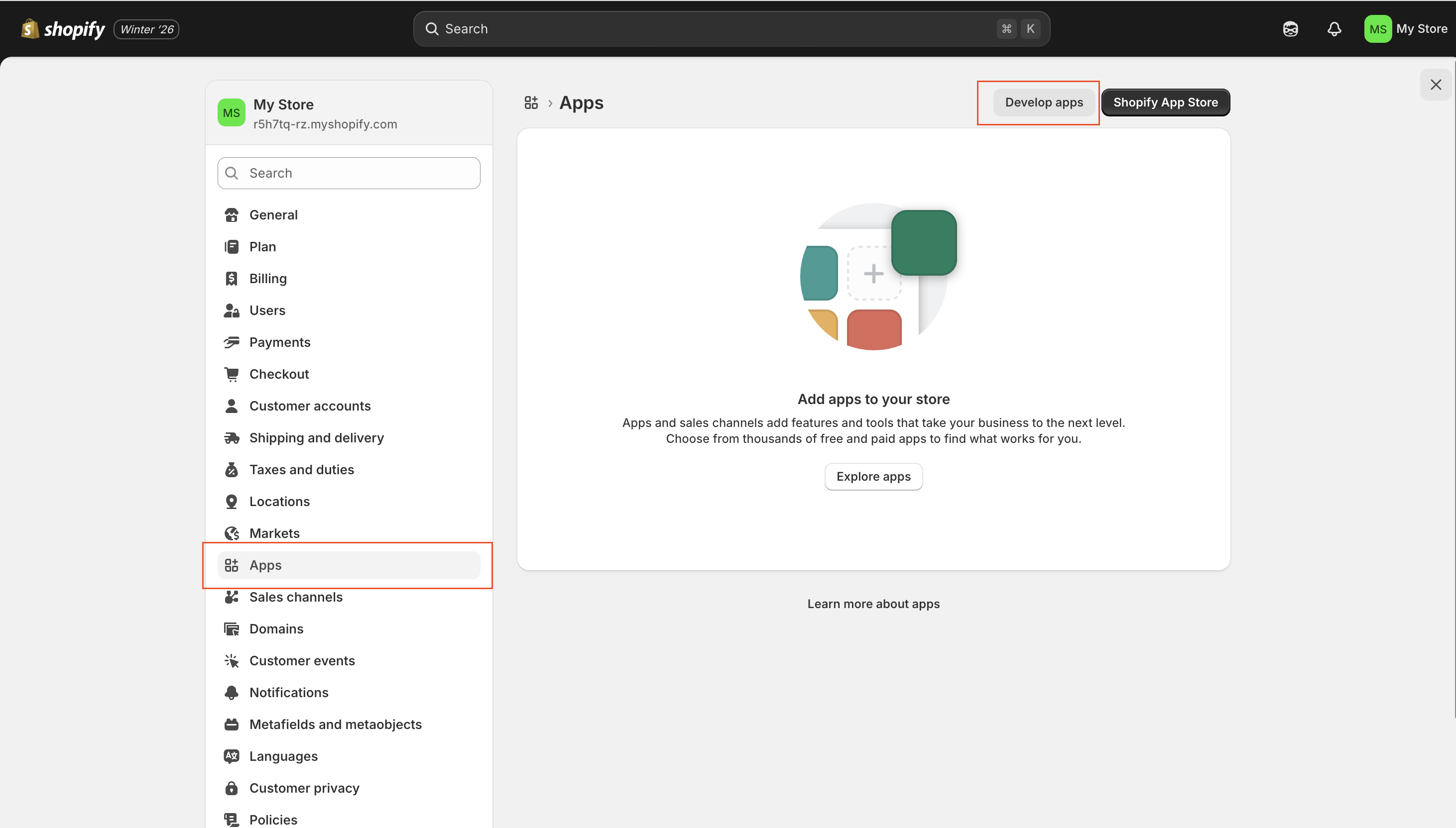 Shopify Apps page with Develop apps option