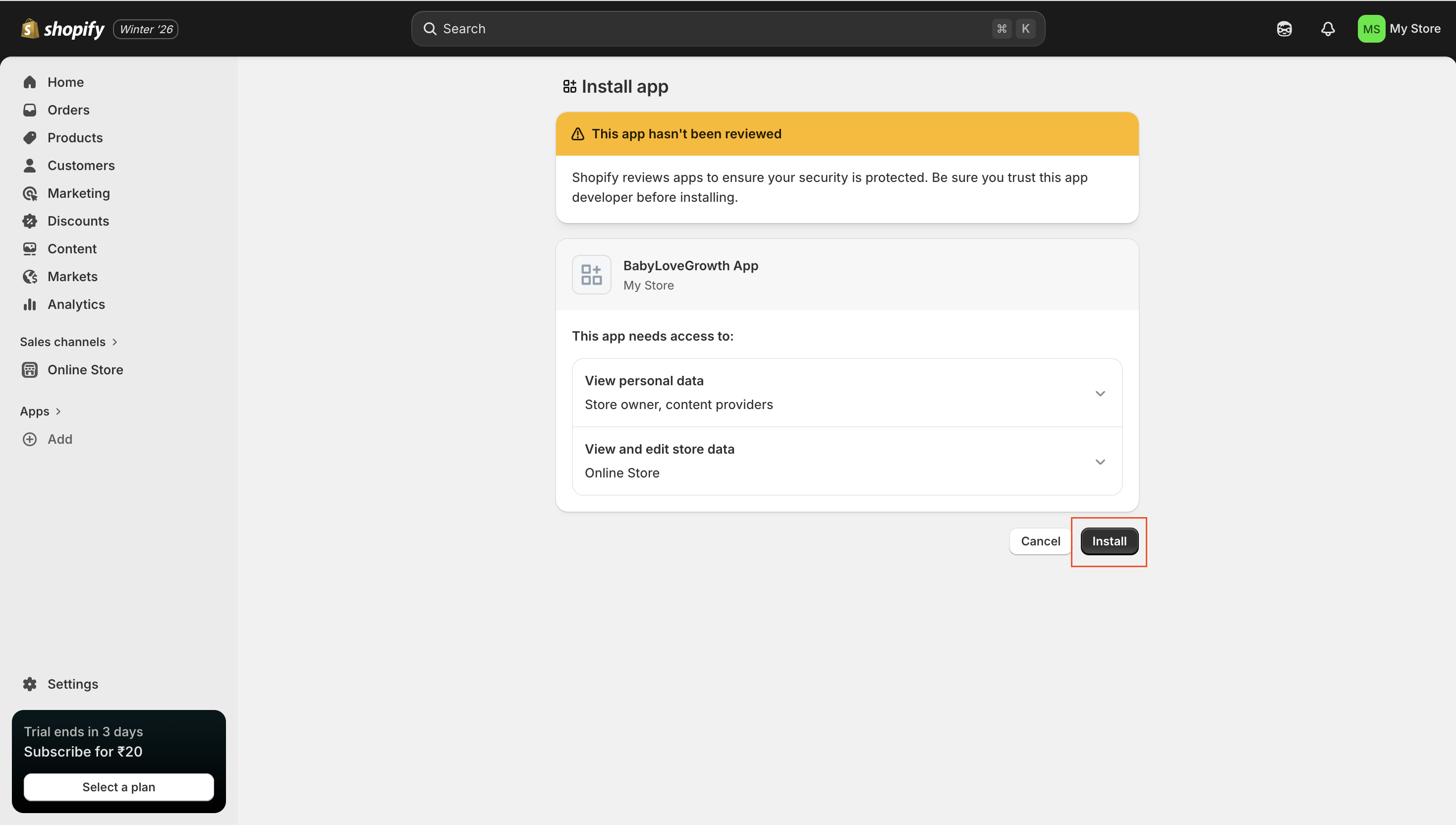 App installation confirmation in Shopify store
