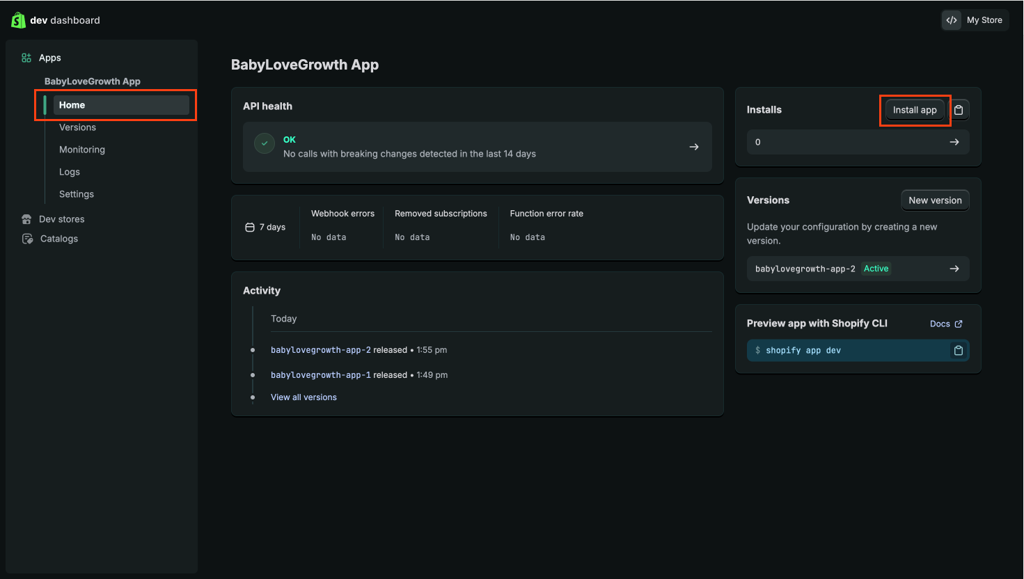 Install app button in Shopify Dev Dashboard