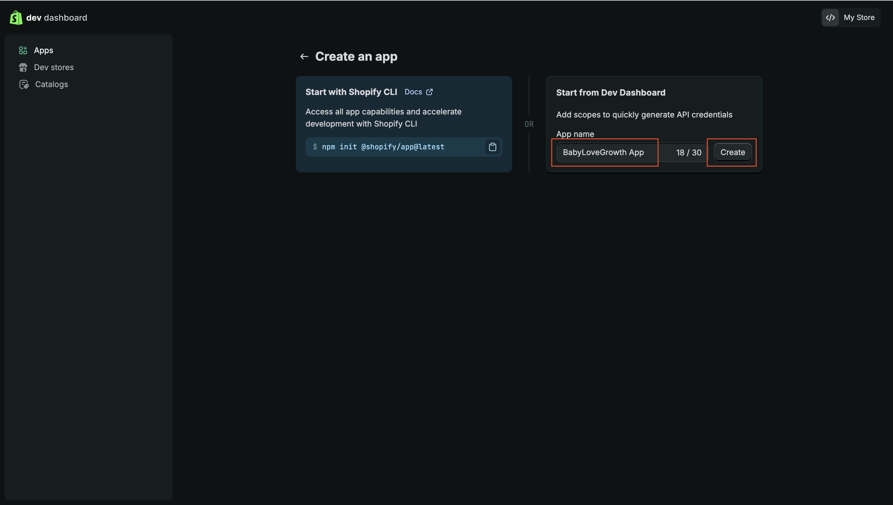 Create app form with app name