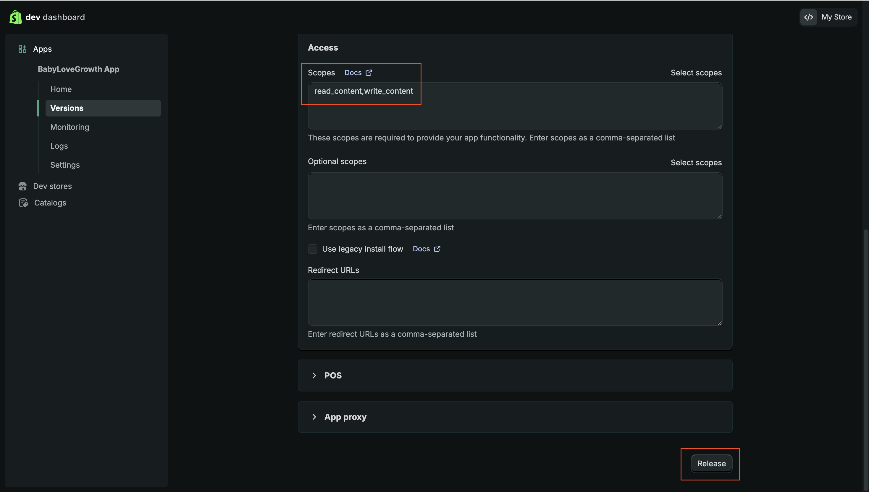 Shopify app permissions selection