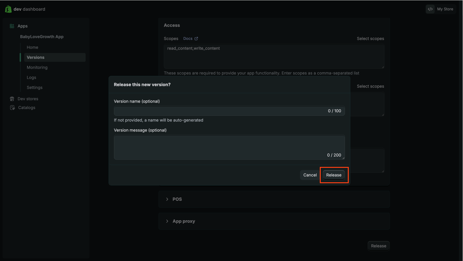 Shopify app release confirmation