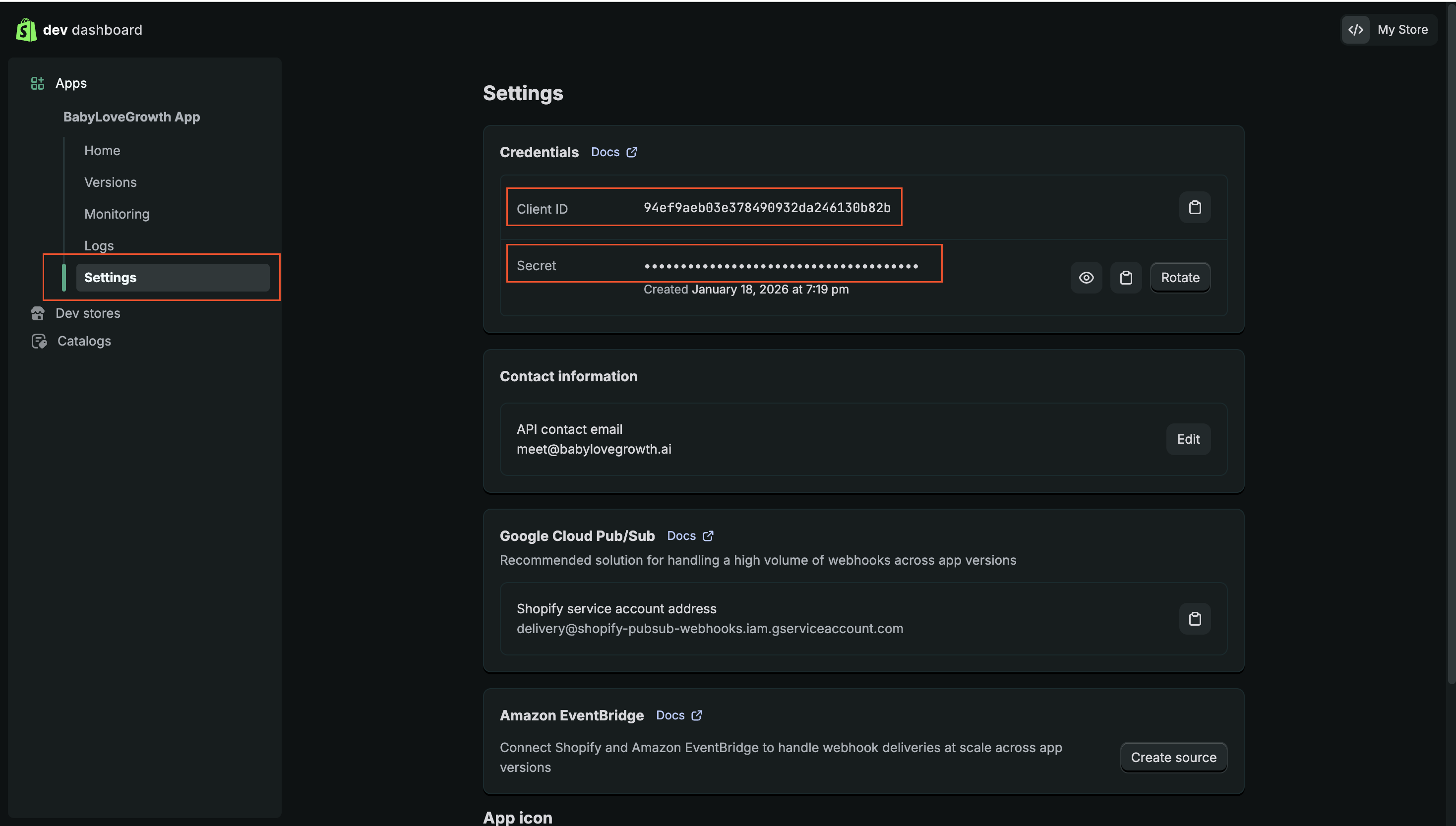 Shopify app credentials showing Client ID and Client Secret