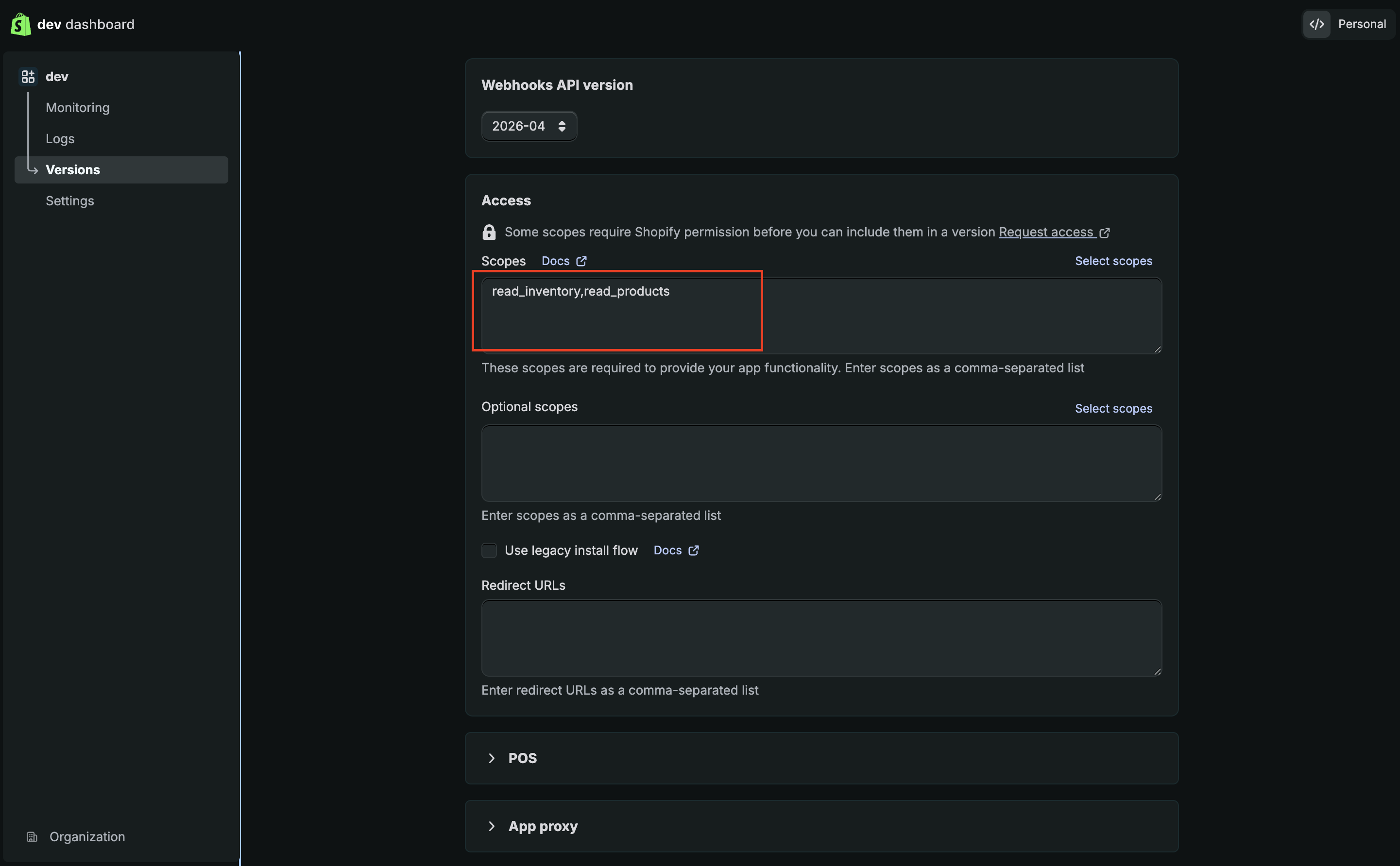 Shopify app permissions selection