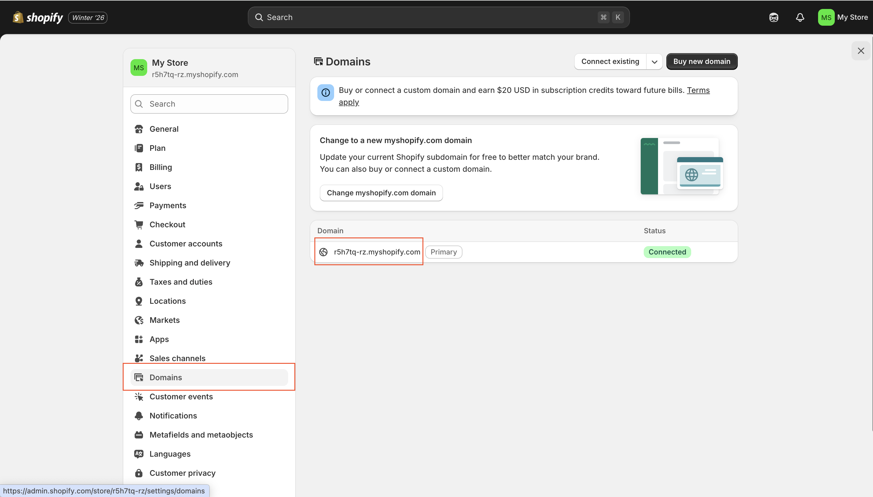 Shopify domain settings showing myshopify.com domain