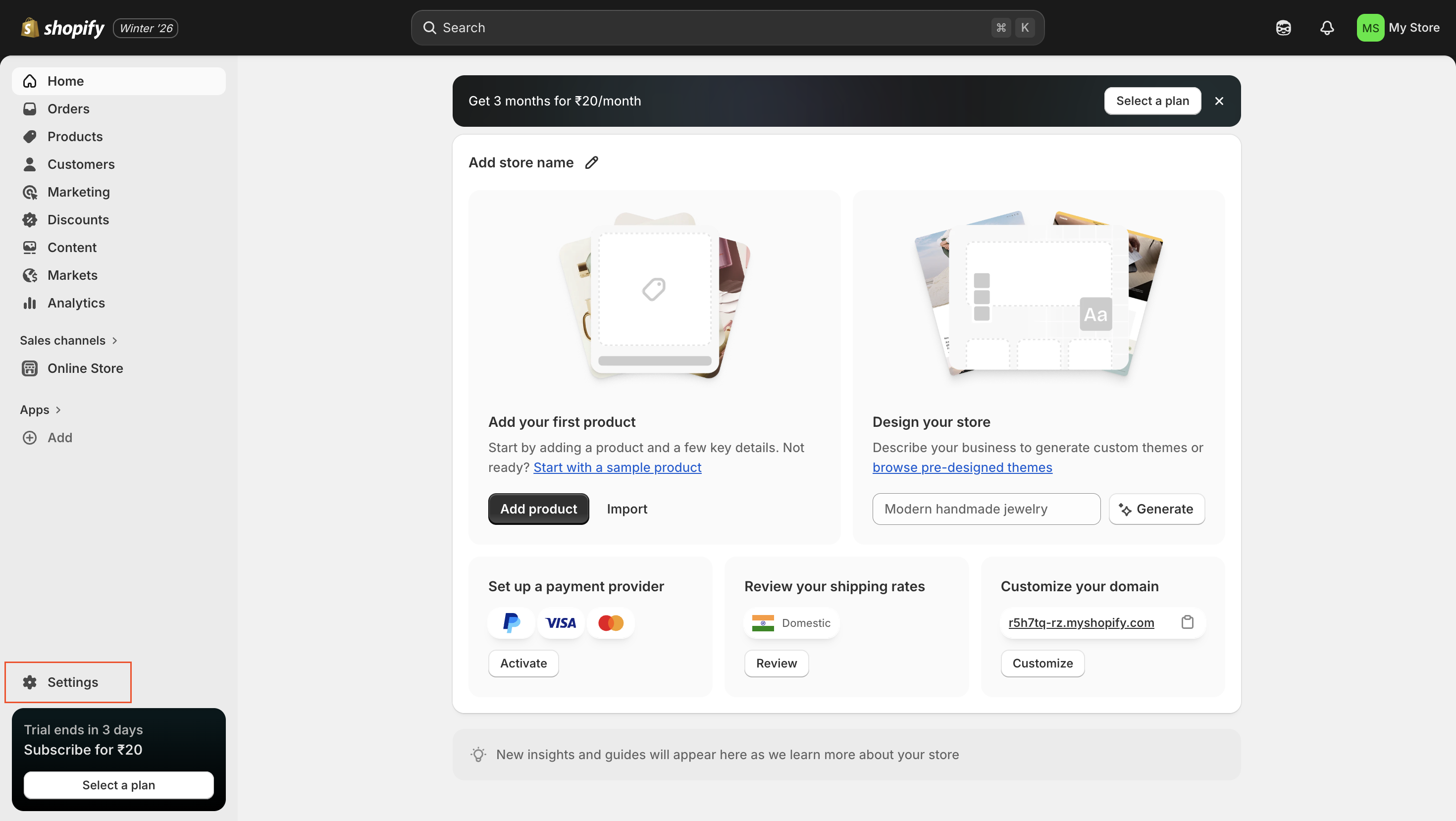 Shopify settings page