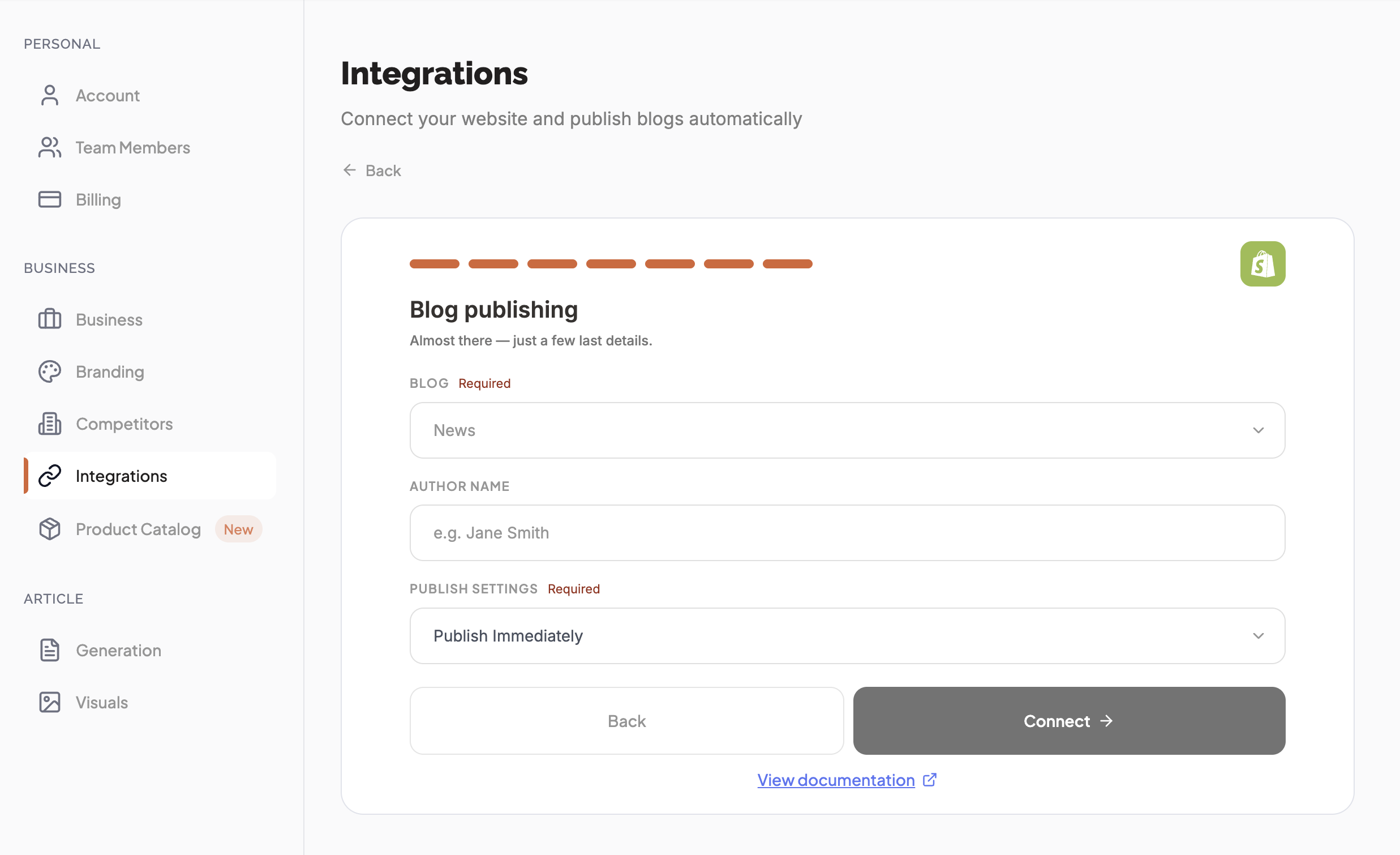 Shopify wizard step 7 — select your blog, author, and publish settings