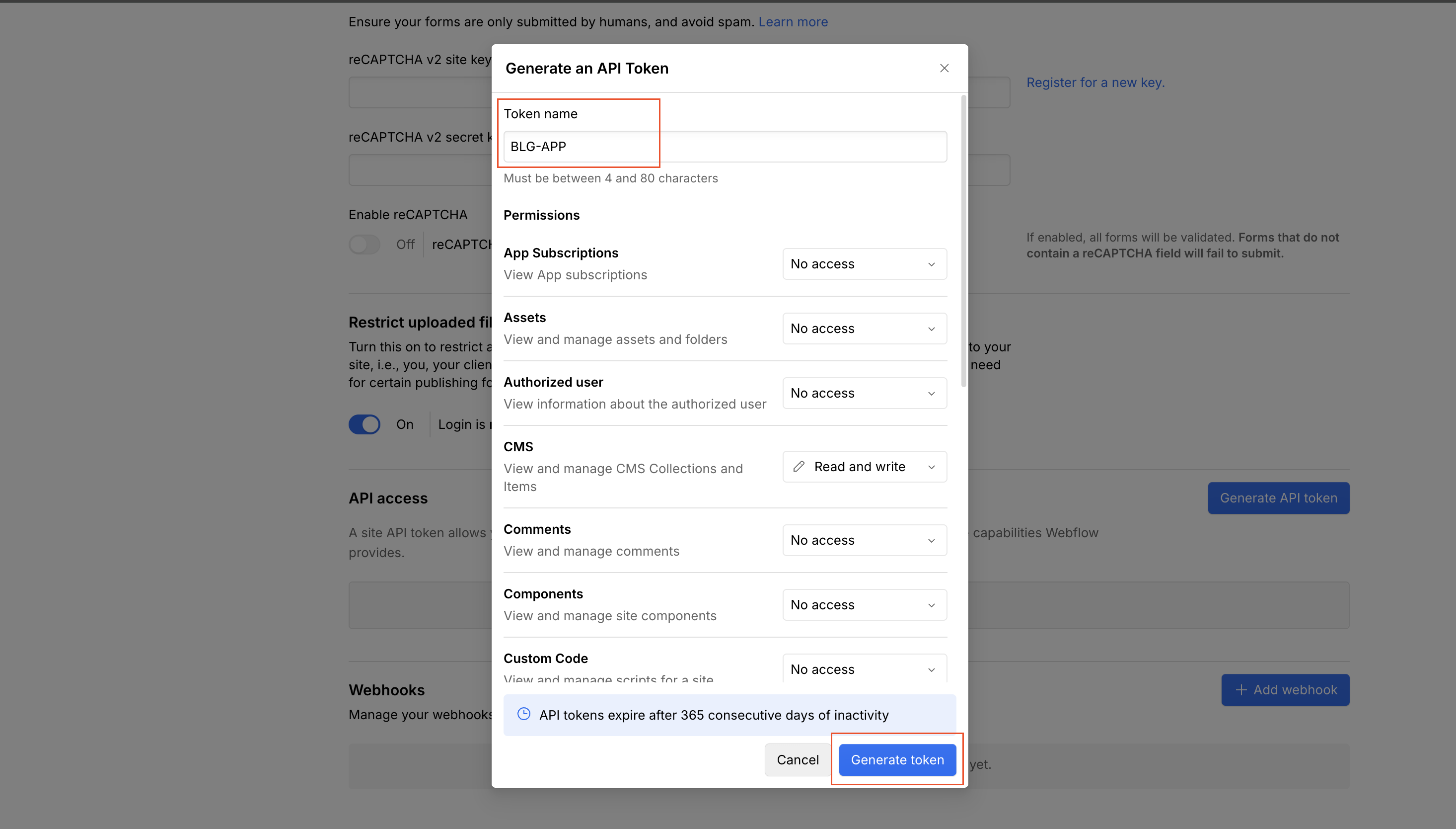 Name your API token in Webflow