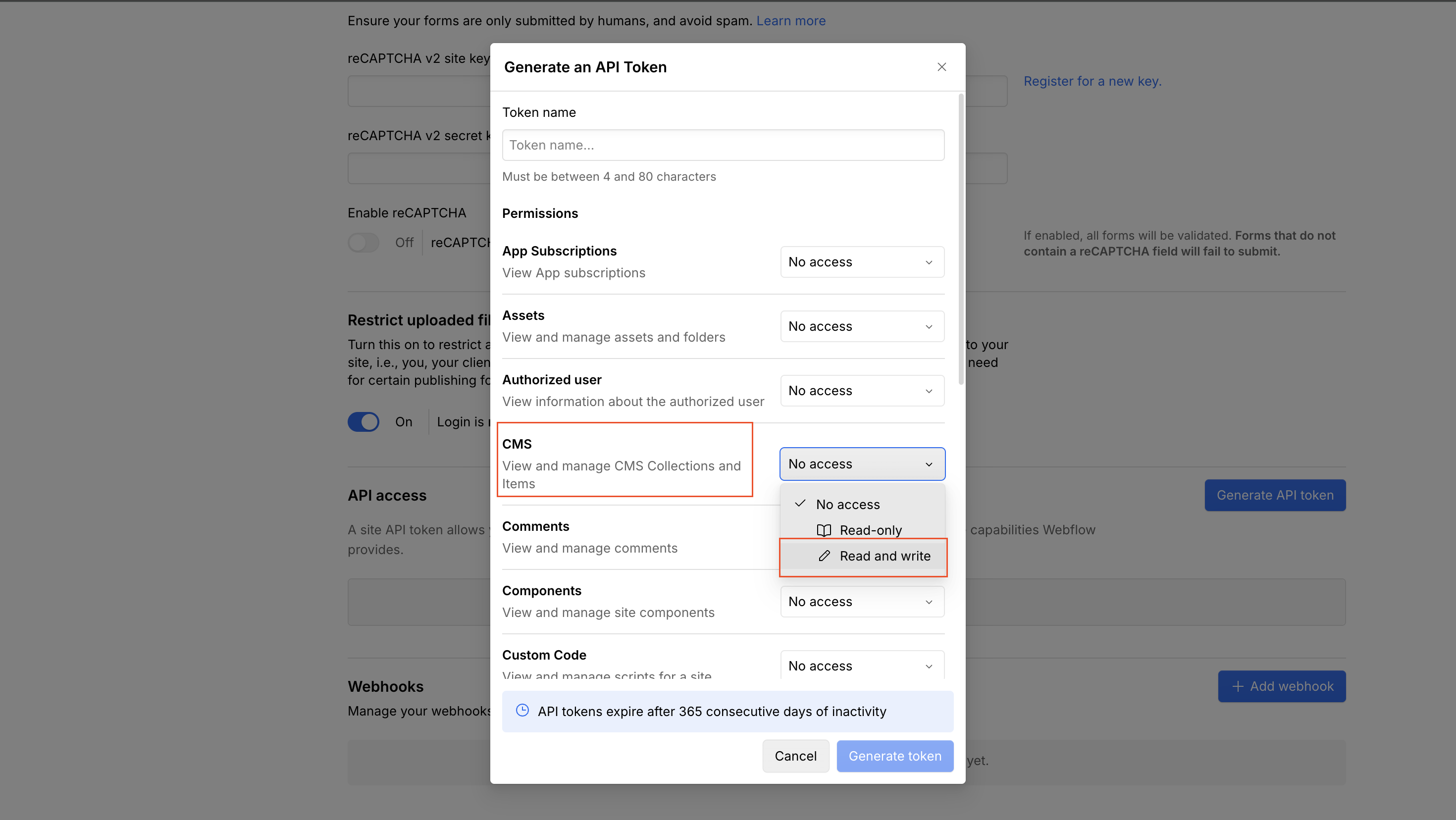 Webflow CMS permissions set to Read and Write
