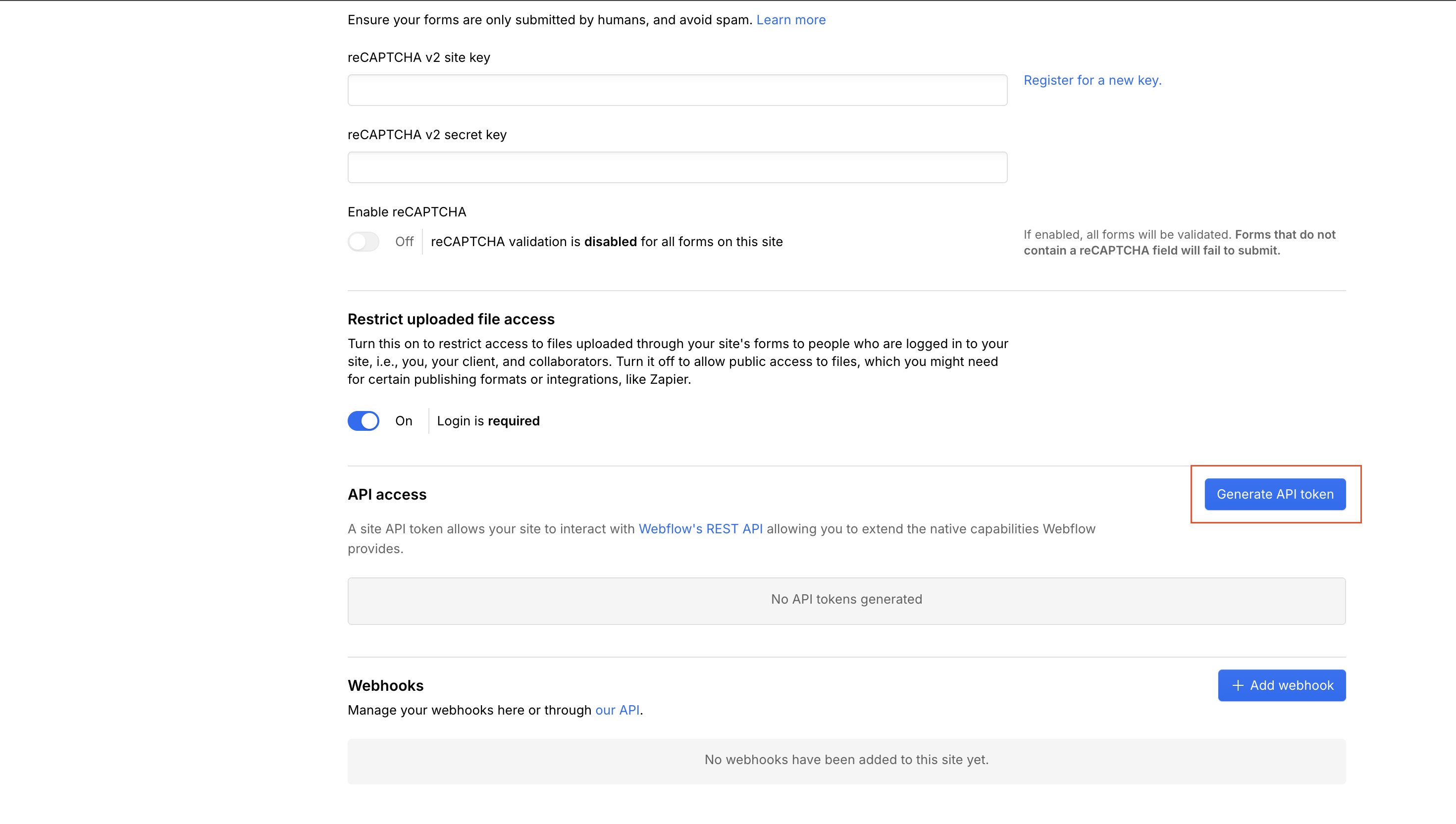Generate API token button in Webflow