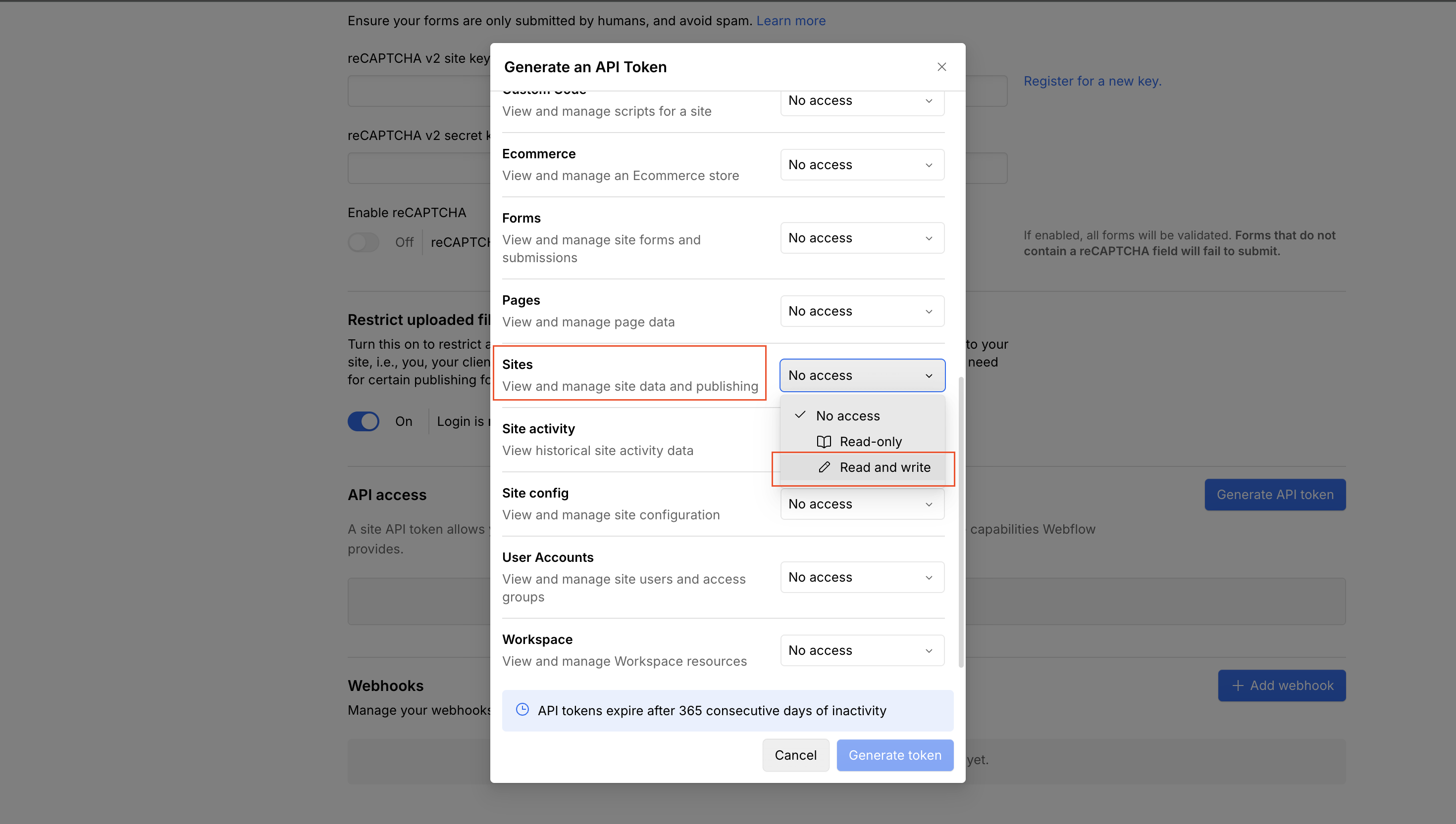 Webflow Sites permissions set to Read-only
