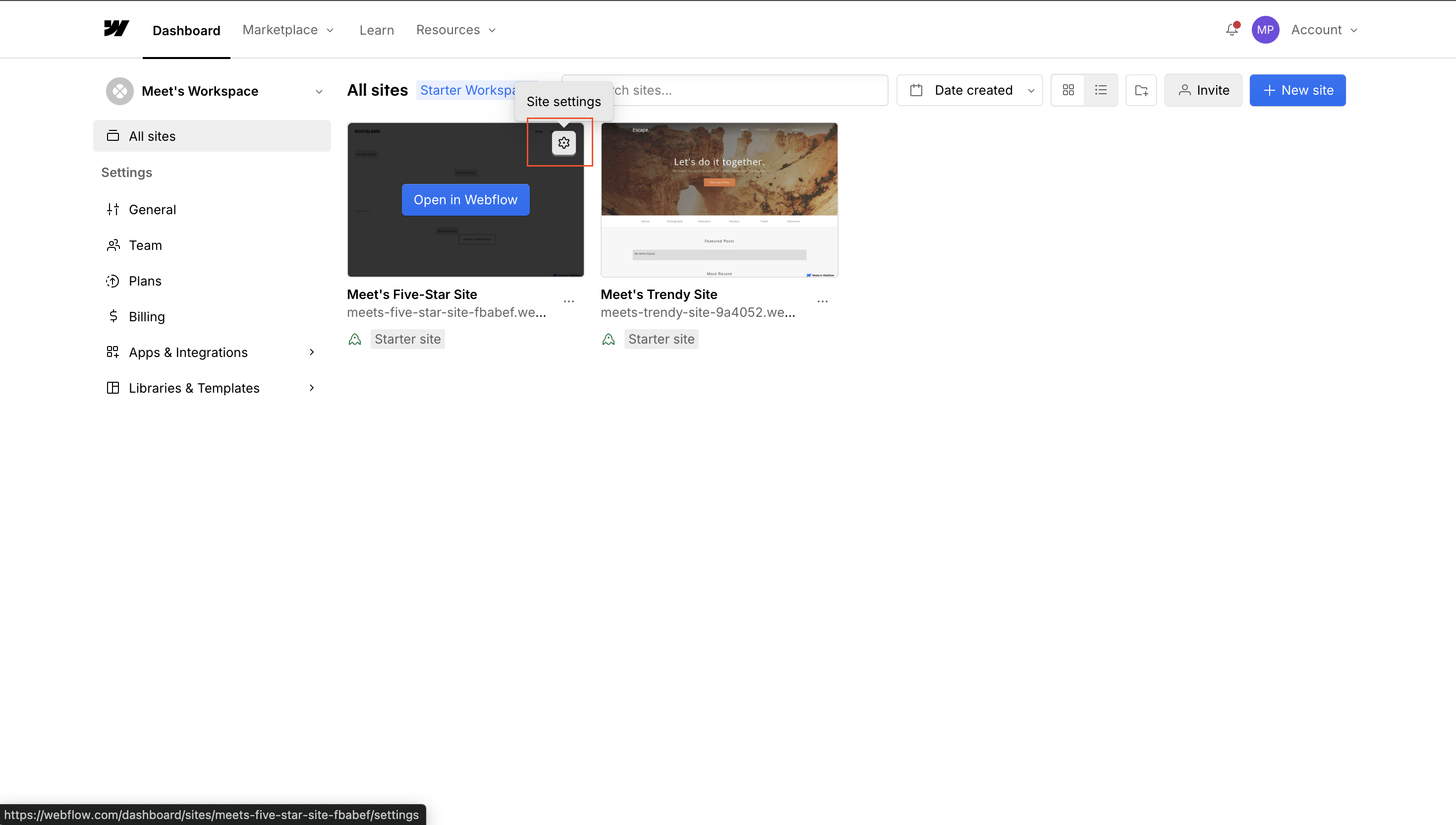 Webflow site settings