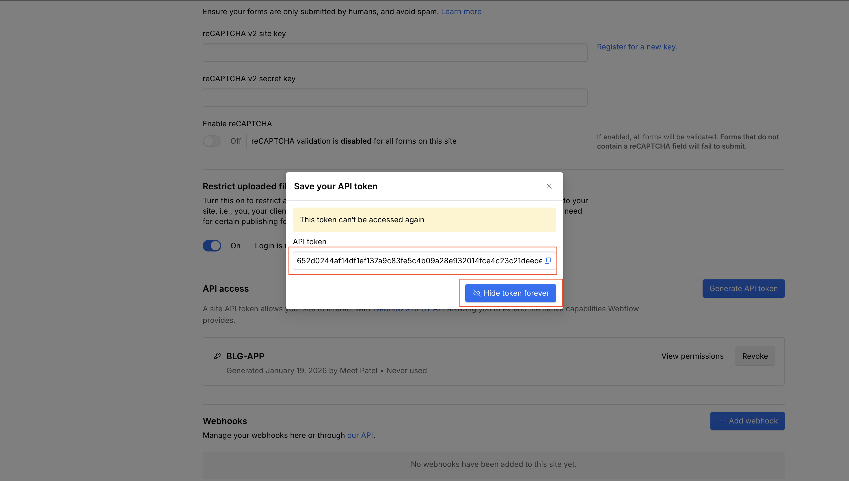 Generated API token in Webflow
