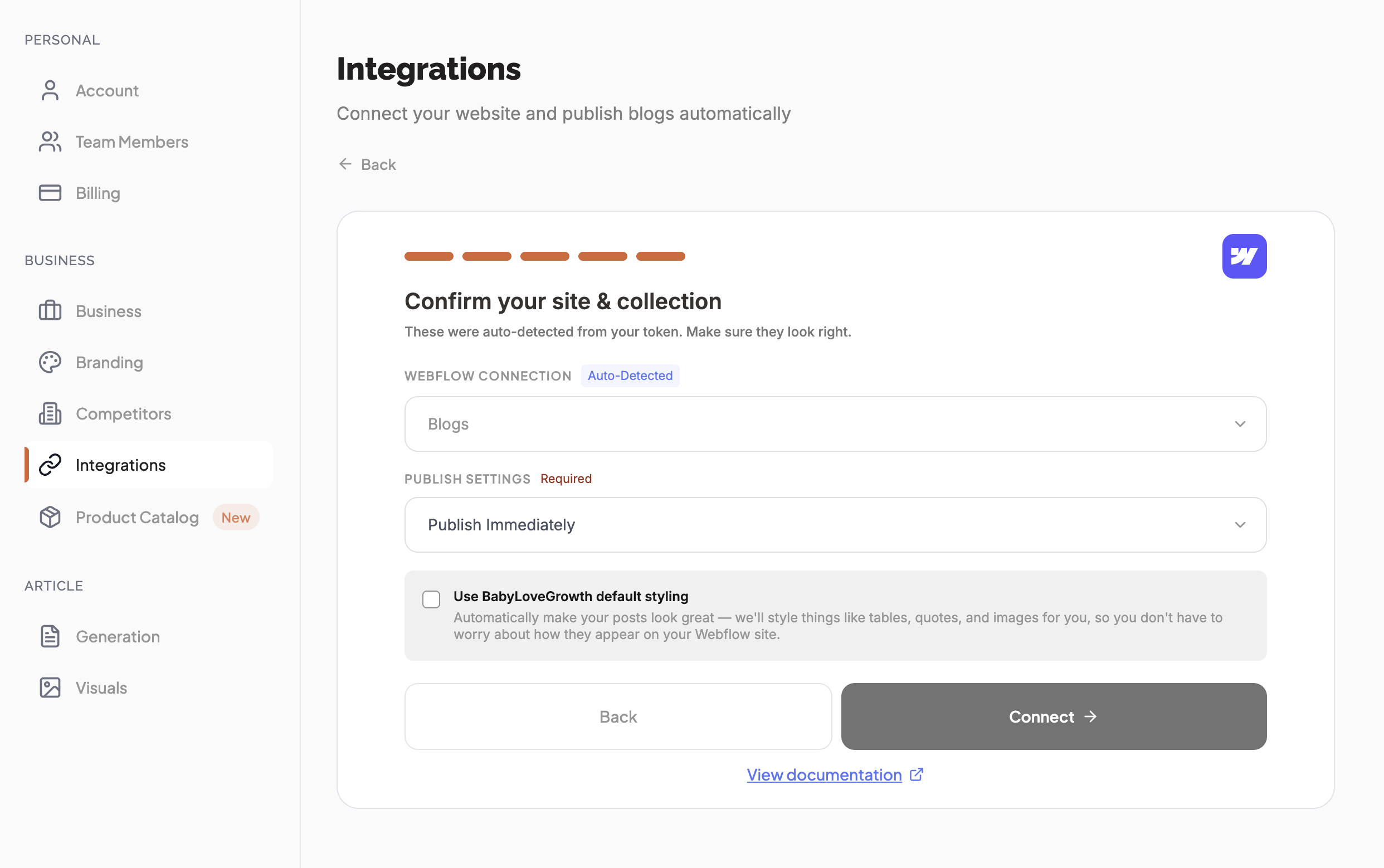 Webflow wizard step 5 — confirm the auto-detected site and collection and choose publish settings
