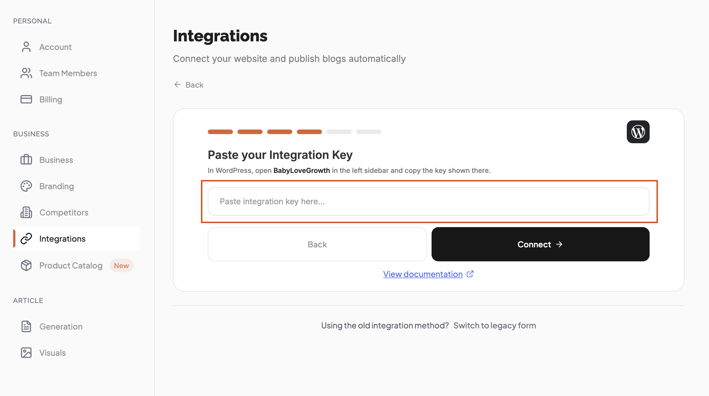 WordPress wizard step 4 — paste your Integration Key
