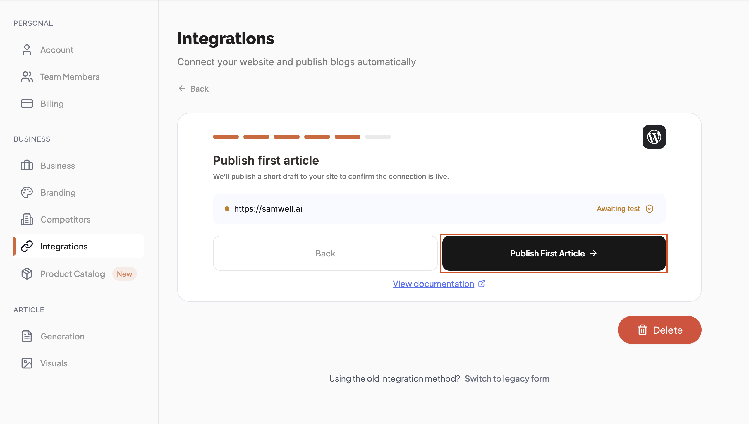 WordPress wizard step 5 — publish your first article to confirm the connection