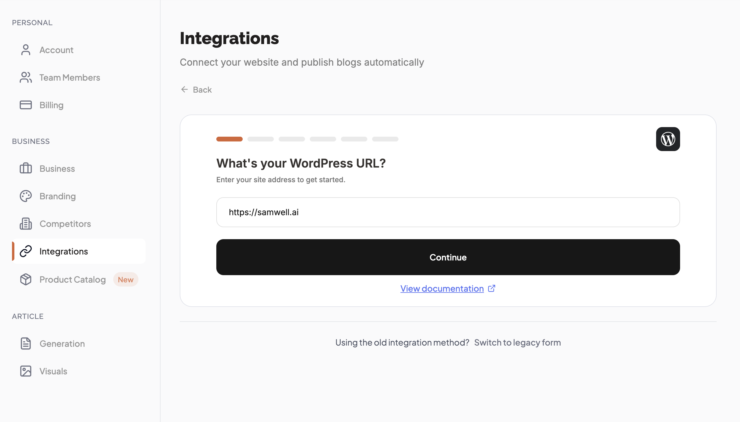 WordPress wizard step 1 — enter your WordPress site URL