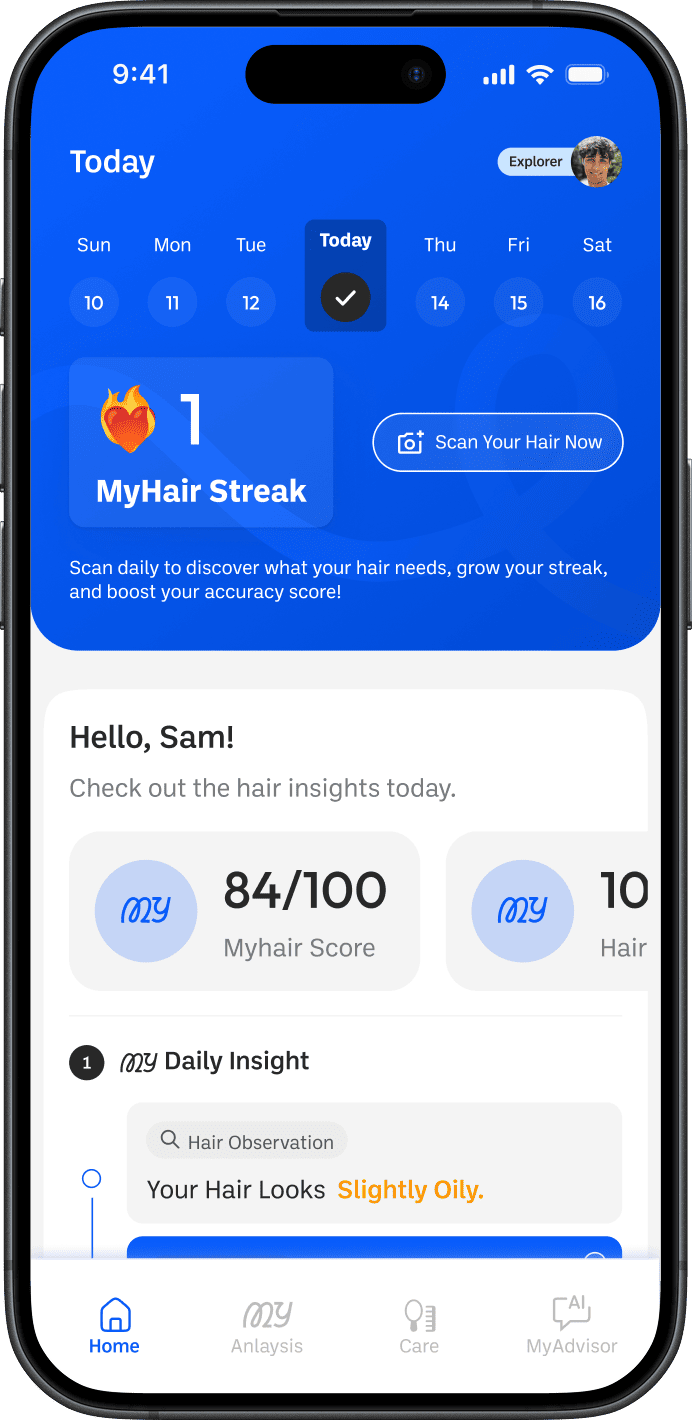 MyHair app interface showing hair analysis features